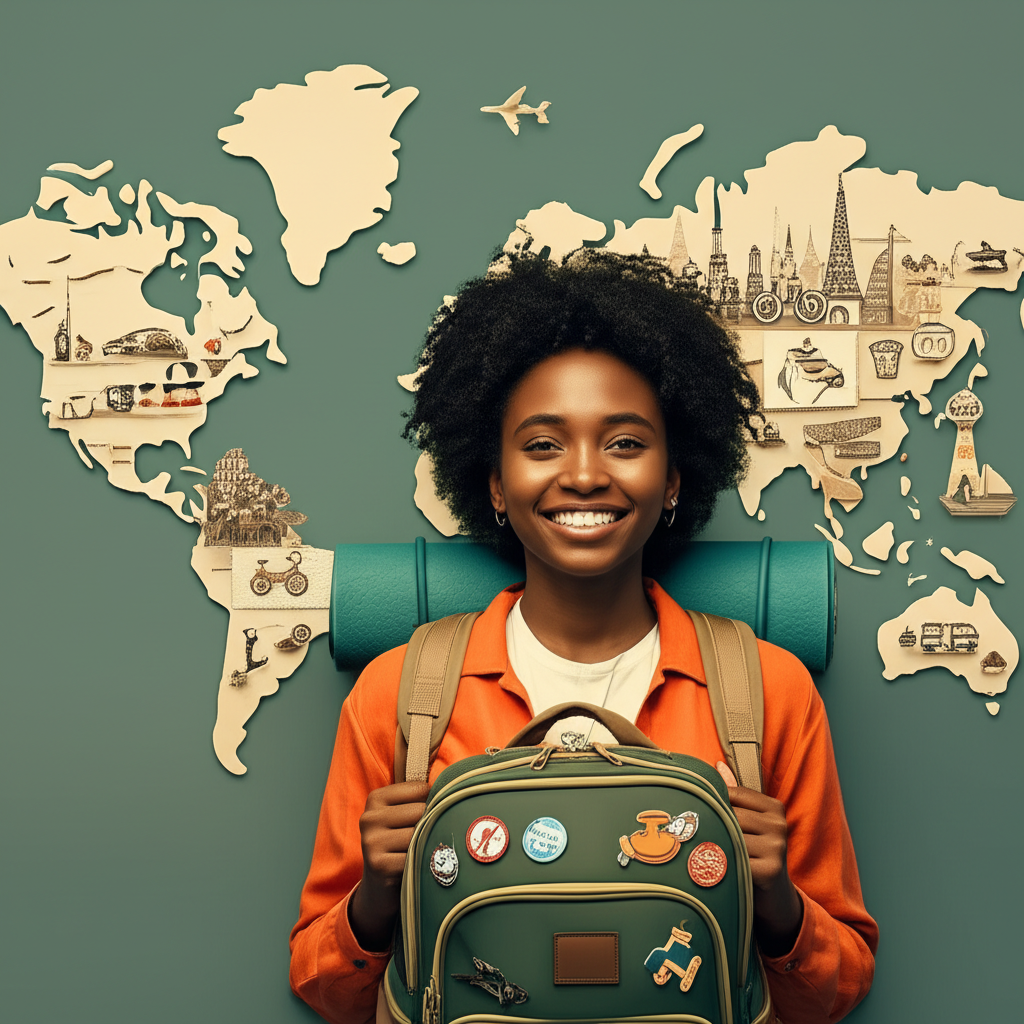 Budget traveler planning trip with laptop and maps