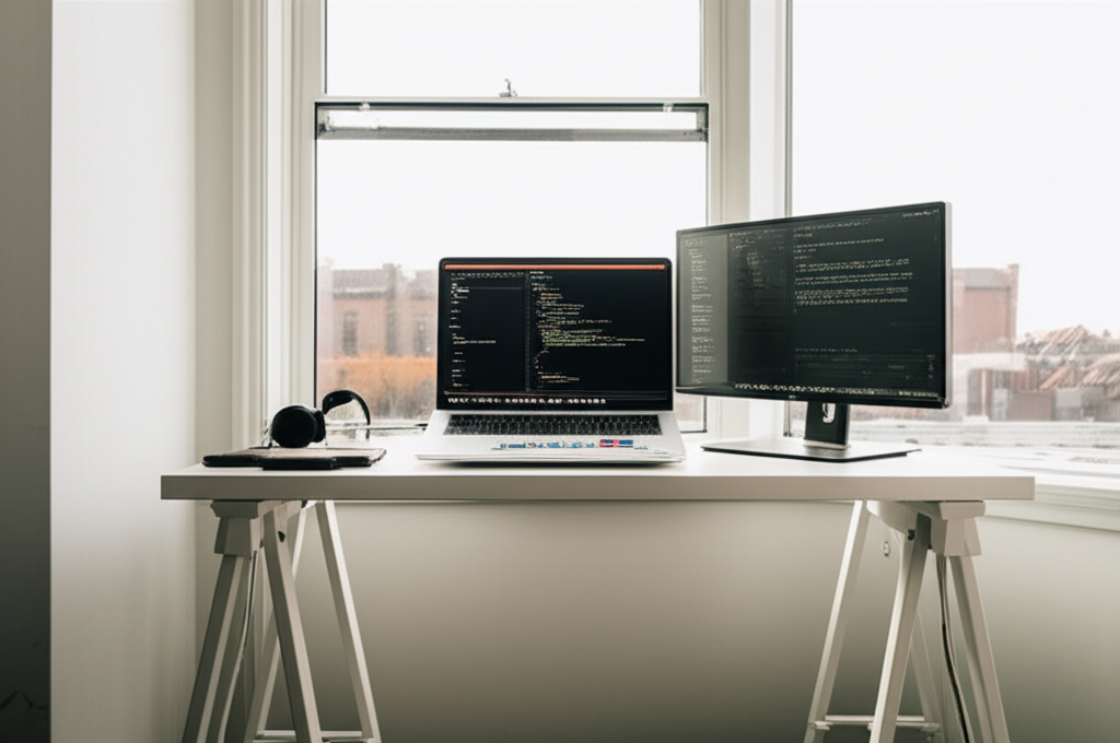 Digital nomad working from a modern Airbnb workspace